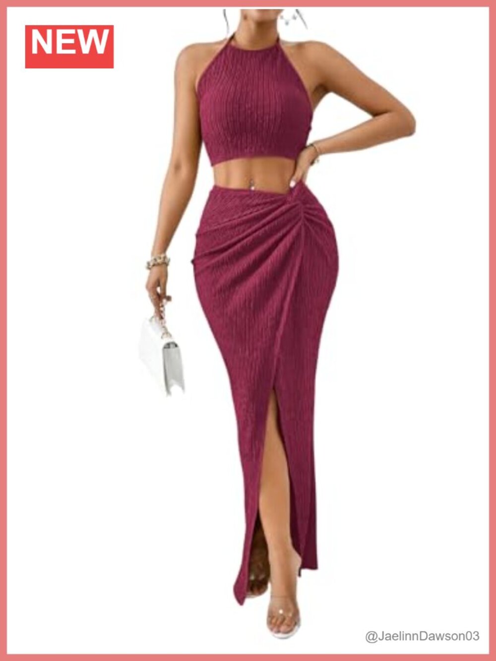 Women's 2 Piece Textured Halter Crop Top & Split Maxi Skirt Set Summer Vacation